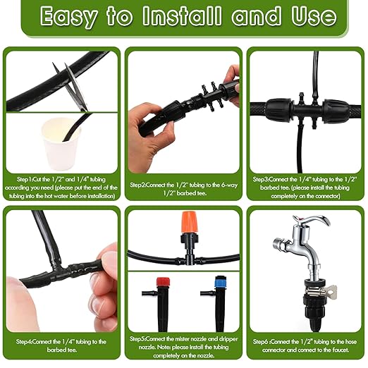 Drip Irrigation System, Flantor 141FT Garden Watering System Adjustable Greenhouse Drip Irrigation Kit with 1/2 inch & 1/4 inch Irrigation Tubing for Garden, Patio and Lawn