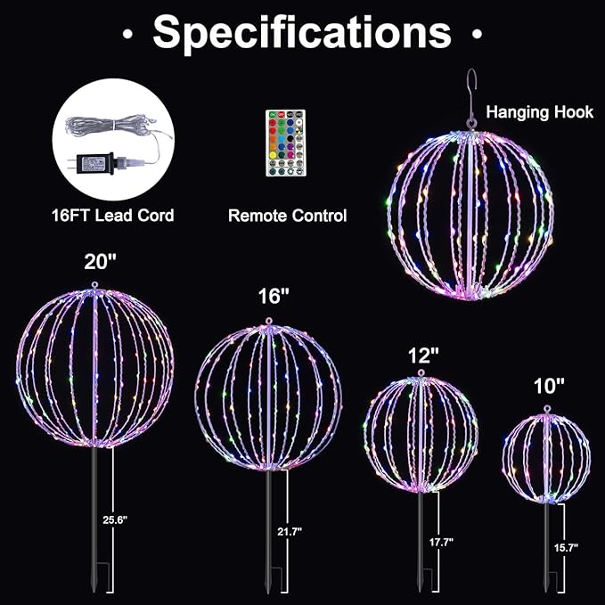 Christmas Ball Sphere, 20IN 200LED Hanging Tree and Pathway Light With Hook and Stake, Foldable Metal Frame Ball for Outdoor Garden, UL Listed, White Frame, RGB