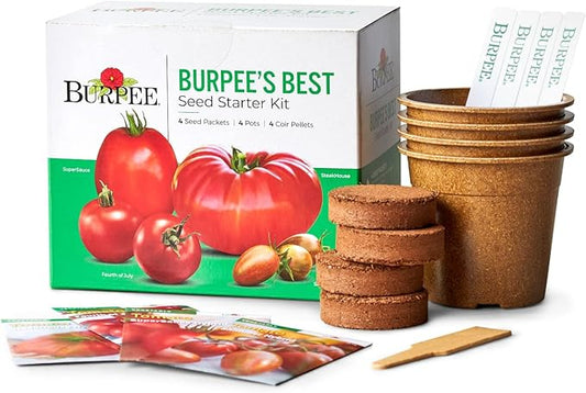 Burpee Best Starter Kit | SuperSauce, Fourth of July, Shimmer & Steakhouse | 4 Tomato Seed Packets, 4 Pots, 4 Coir Pellets & 4 Plant Markers