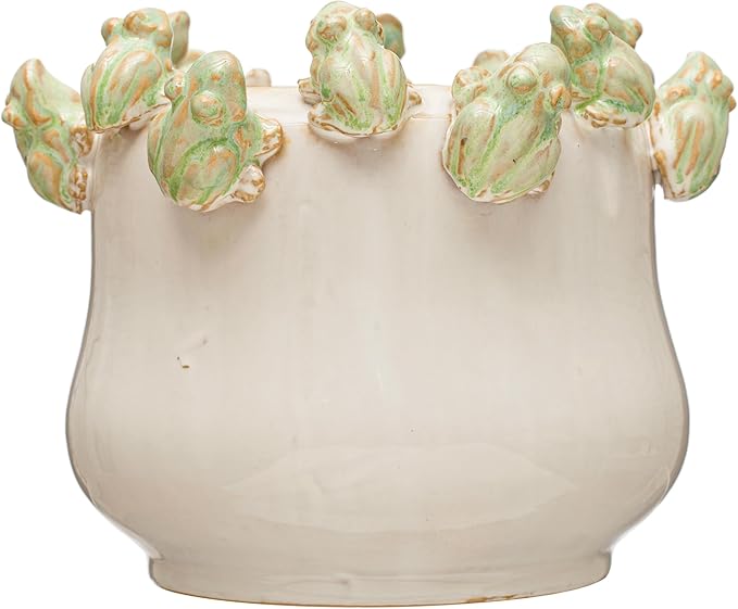 Creative Co-Op Stoneware Planter with Frog Figurine Rim, Multicolor