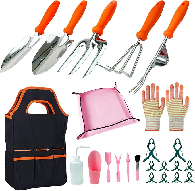 Garden Tools Set 24 Piece, Succulent Tools Set Included, Heavy Duty Stainless Steel Gardening Tools for Gardening,with Ergonomic Handle, with Storage Tote Bag, Ideal Gardening Gifts for Women