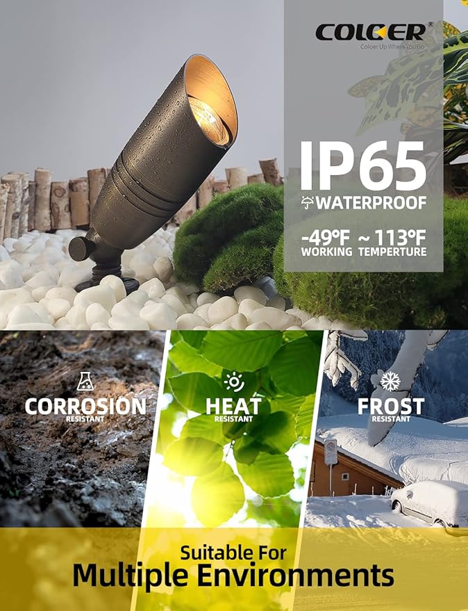 COLOER Die-cast Brass Landscape Spotlights Outdoor, 12V AC/DC Low Voltage Lighting, IP65 Waterproof Outdoor Directional Garden Patio Trees Spot Uplight (102B,10-Pack Without Bulb)