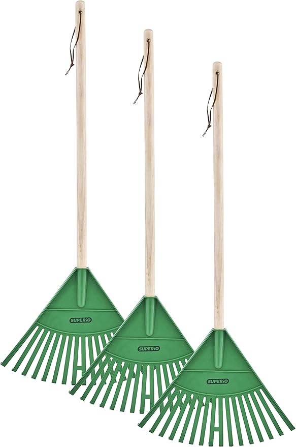 Pack of 3 Kids Rake with Hardwood Handle, Durable Plastic Head to Sweep Leaves in Lawn and Tidying Up The Garden, 34" (Green)