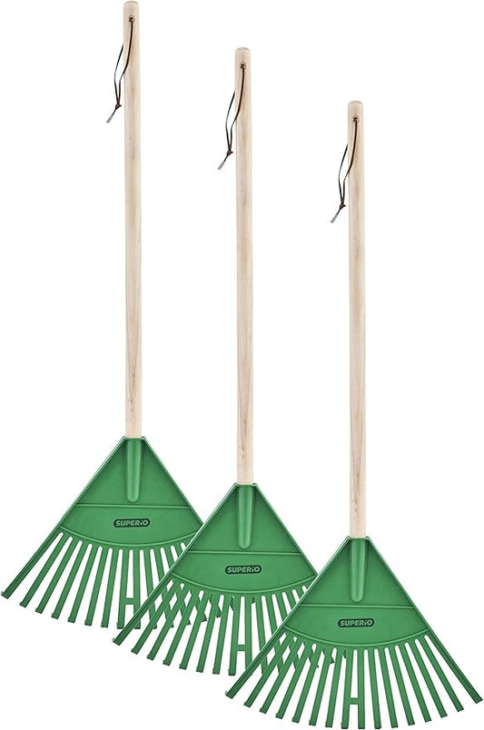 Pack of 3 Kids Rake with Hardwood Handle, Durable Plastic Head to Sweep Leaves in Lawn and Tidying Up The Garden, 34" (Green)