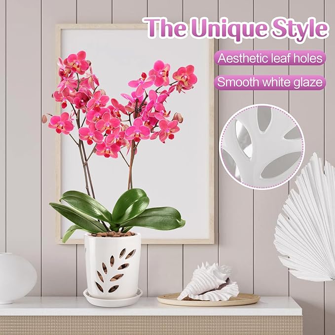 Aulock 4in Ceramic Orchid Pot with Holes - Decorative Orchid Pot Leaf Hollow with Saucer, Excellent Air Circulation, for Dendrobium Oncidium Cattleya Repotting Indoor Outdoor