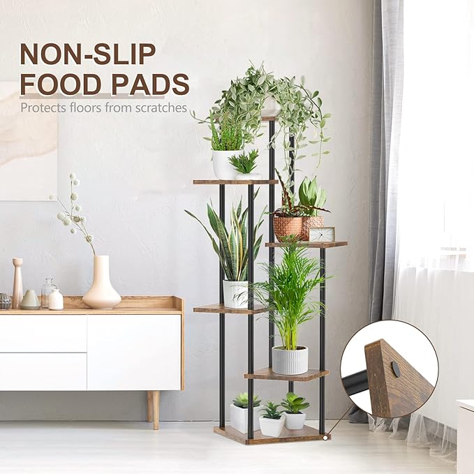 6 Tier Plant Stand Indoor Outdoor, Tall Corner Wood Metal Plant Shelf Holder Clearance, Large Multiple Flower Pot Rack for Patio Orchid Office Porch Living Room Bedroom Garden Balcony, Black