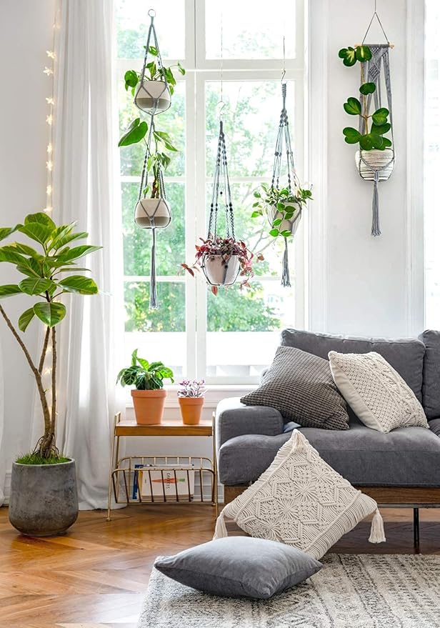 Mkono Macrame Plant Hanger Indoor Hanging Planter Basket with Wood Beads Decorative Flower Pot Holder No Tassels for Indoor Outdoor Boho Home Decor 35 Inch, Gray, Set of 3 (POTS NOT Included)