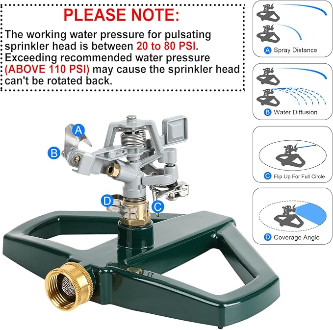 STYDDI Sprinklers for Yard, Metal Impact Sprinkler with Metal Base, Heavy Duty Adjustable Circular Impulse Lawn Sprinkler for Medium to Large Lawn, Yard and Areas, Water Coverage up to 5,800 Sq. Ft