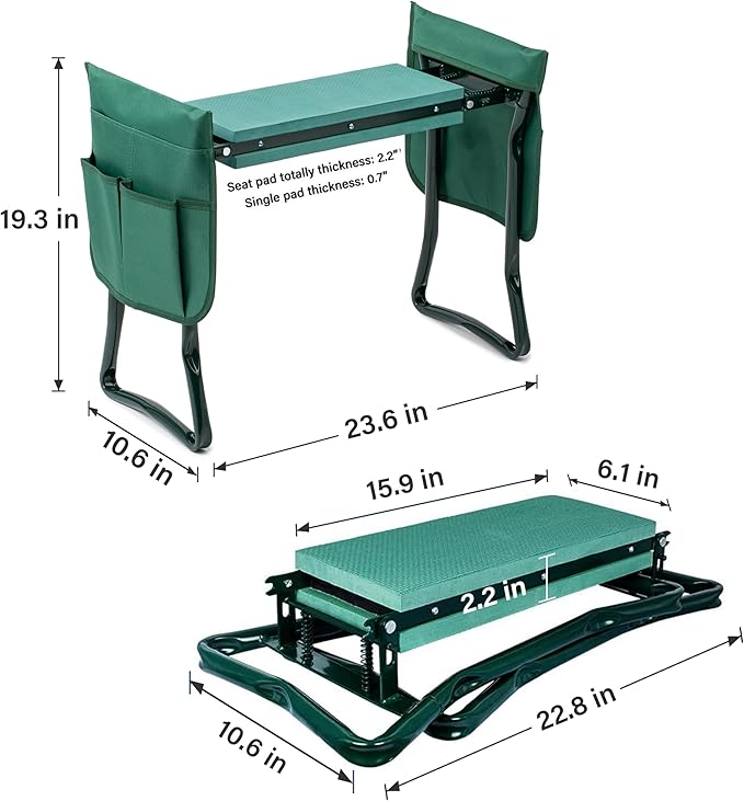 YSSOA 2024 New Garden Kneeler and Seat, Foldable Kneeling Bench, Hold Up to 330lb, with Sturdy Soft EVA Foam Pad and 2 Tool Pouch for Gardening, Fishing, Camping, Green