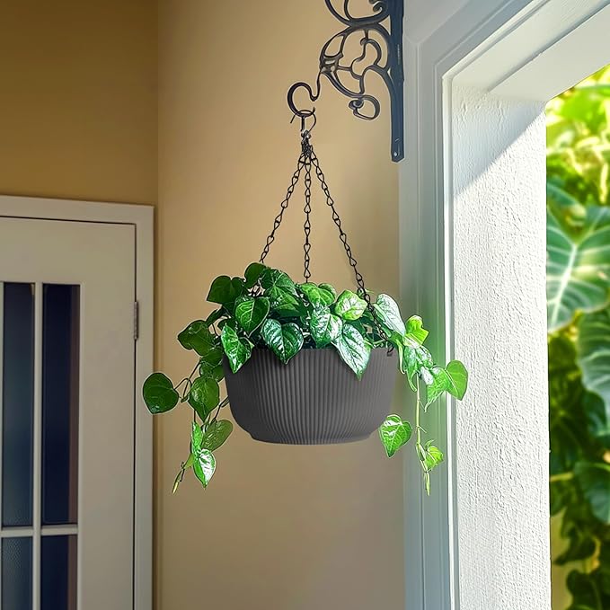 T4U 12 Inch Large Hanging Planters for Outdoor Plants, 2 Pack Self Watering Hanging Pots Indoor, Hanging Baskets for Plants,Hanging Flower Pot with Drainage Hole and Plant Hanger, Grey