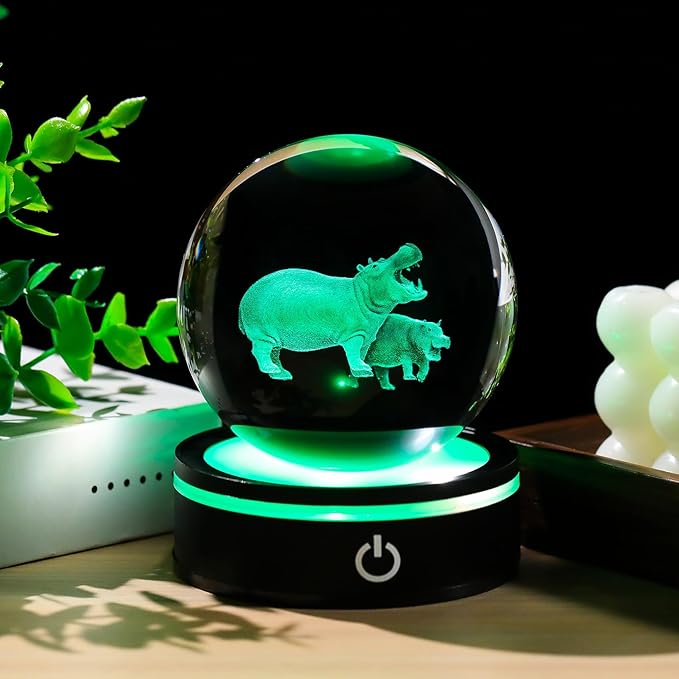 YWHL 3D Hippo Crystal Ball Figurine with LED Base Laser Hippopotamus Gifts for Women Men on Christmas Birthday Decorative Hippo Ball Glass Hippopotamus Globe Night Light for Home Decor (80mm)