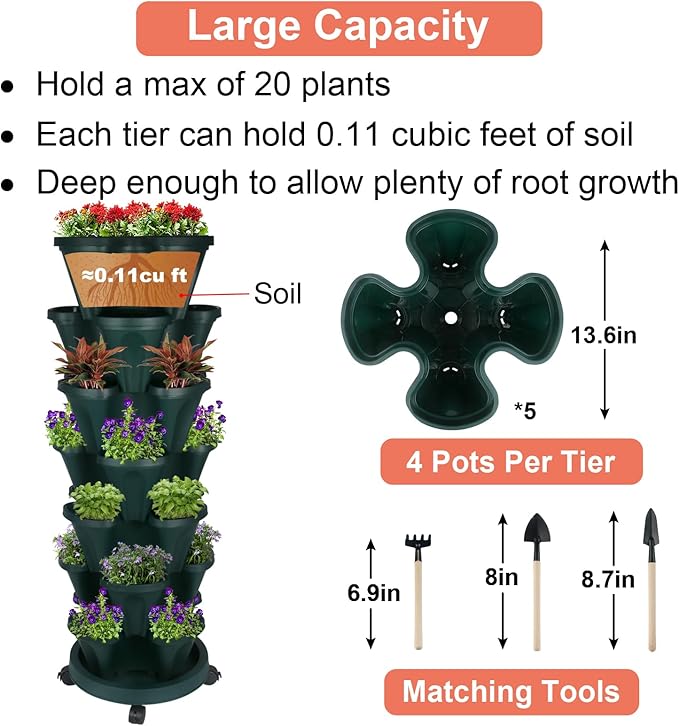 Vertical Planter 7 Tier Stackable Planters Garden Planters Strawberry Herb Flower and Vegetable Planter Indoor Outdoor Gardening Pots with Removable Wheels and Tools 2-Pack