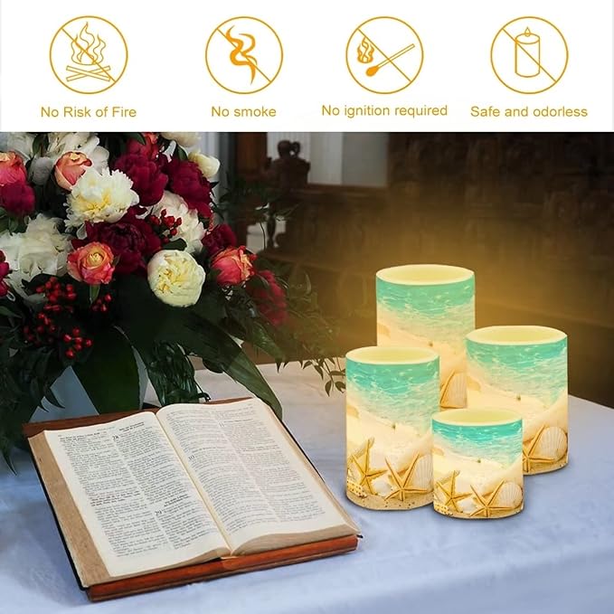 Beach Starfish Seashell Flameless Light Candles Battery Powered with Timer Remote Color Chaging Pillar Fake Candles Pack of 4 for Wedding Home Outdoor Decor