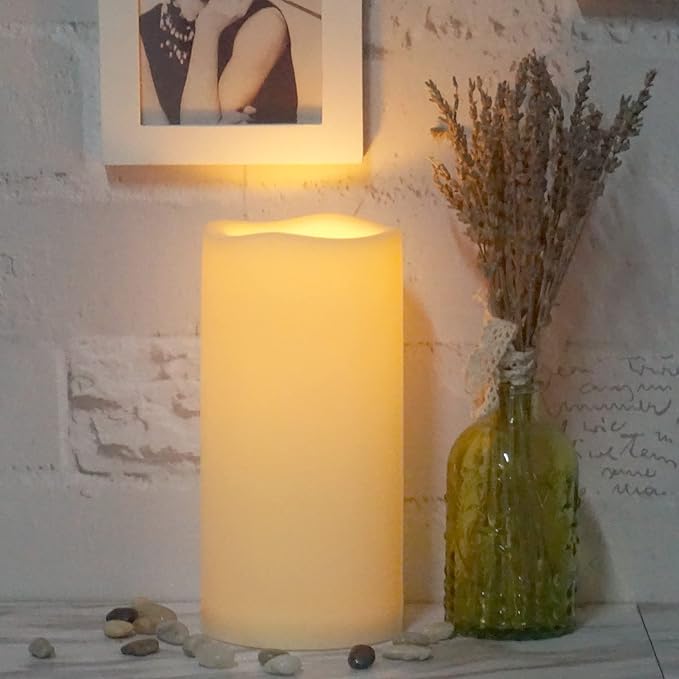 CANDLE CHOICE Waterproof Outdoor Battery Operated Flameless Candle with Timer Large Plastic Resin Bright Flickering Electric LED Pillar Lantern Patio Garden Wedding Christmas Decorations 4”(D) x8”(H)