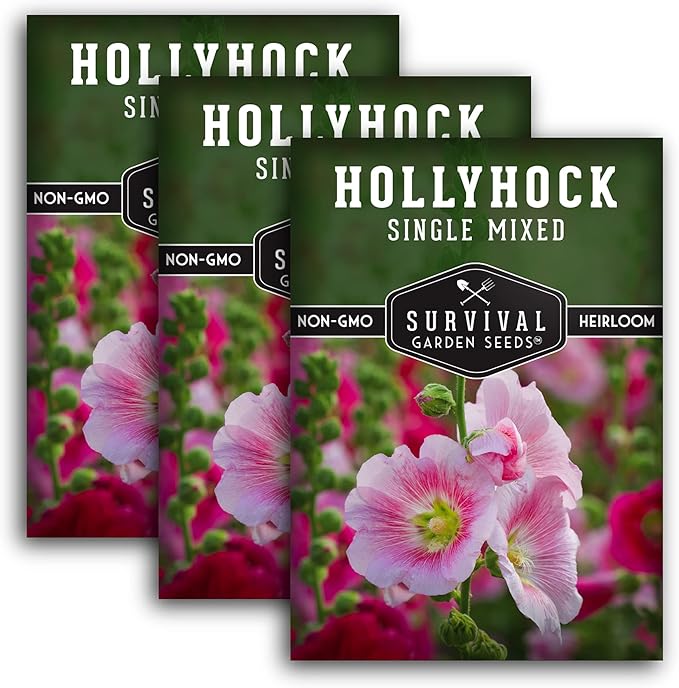Survival Garden Seeds - Single Mixed Hollyhock Seed for Planting - 3 Packs with Instructions to Plant and Grow Colorful Spikes of Flowers in Your Home Vegetable Garden - Non-GMO Heirloom Variety