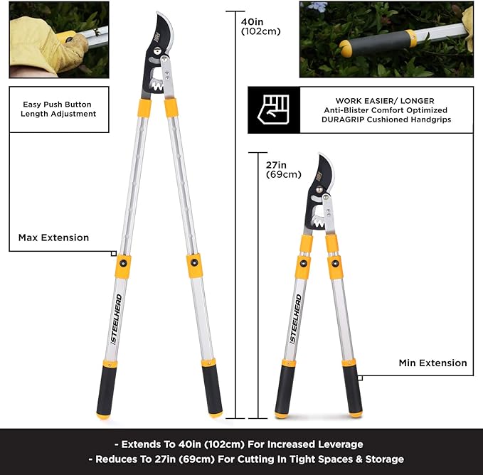 STEELHEAD Heavy-Duty 27-40" Adjustable Gear-Bypass Limb & Branch Lopper, Telescoping Extendable Handles, Ratcheting, Cuts Up to 1-3/4”, Secateurs, Shock-Absorbing, Effort-Saving, USA-Based Support