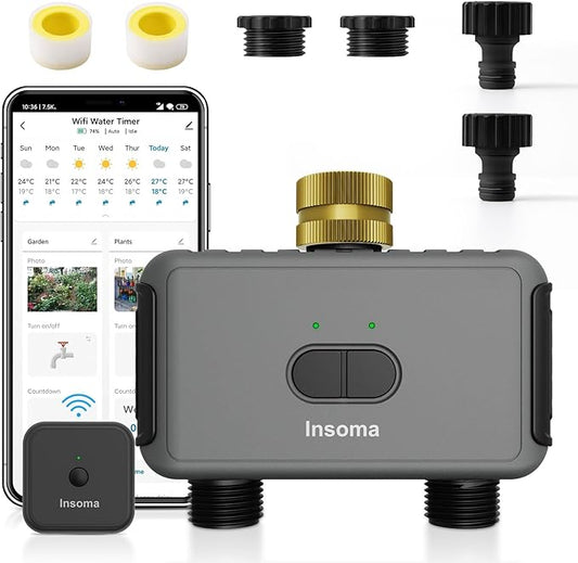 Smart Hose Watering Timer with Wi-Fi Hub, Automatic Irrigation System Controller for Lawns and Yard, Compatible with Alexa Dark Gray-Brass Inlet & Plastics Outlet (2-Outlet)