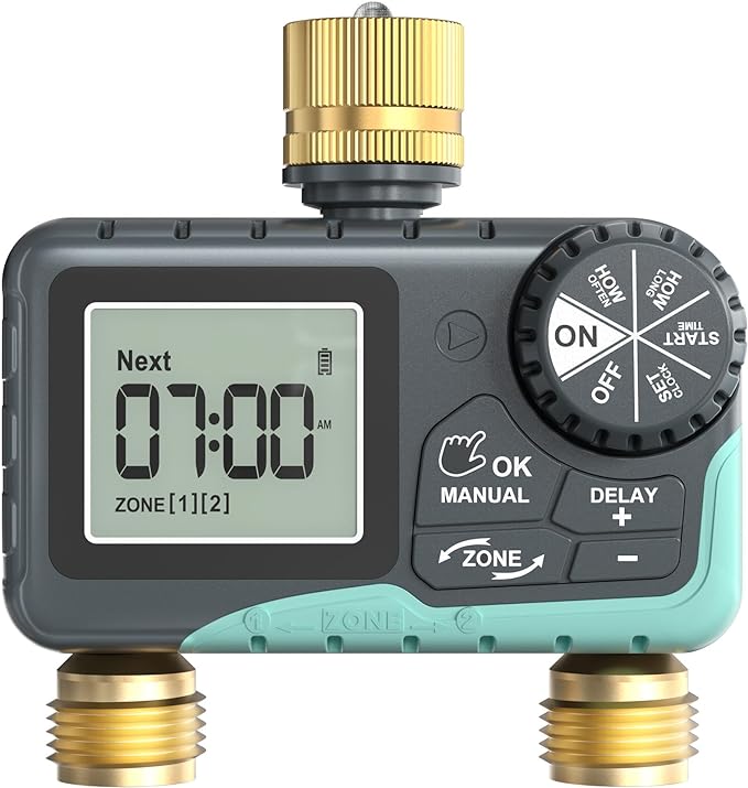 RAINPOINT 2 Zone Sprinkler Timer with Brass Inlet and Outlet - Water Timer for Garden Hose with Rain Delay/Manual Watering/Automatic Irrigation Controller System - Water Hose Timer for Yard Lawn