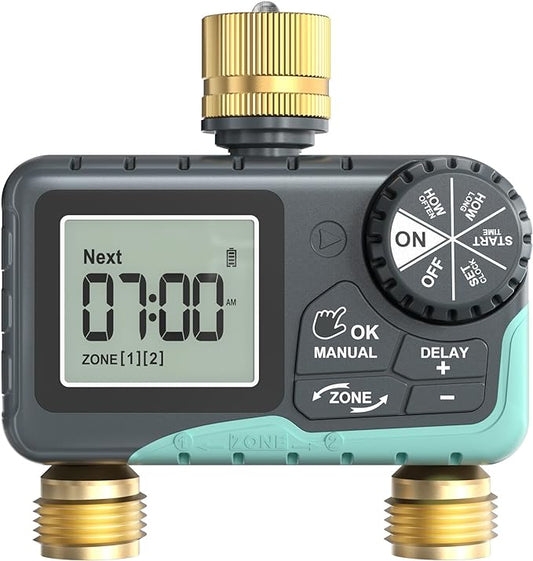 RAINPOINT 2 Zone Sprinkler Timer with Brass Inlet and Outlet - Water Timer for Garden Hose with Rain Delay/Manual Watering/Automatic Irrigation Controller System - Water Hose Timer for Yard Lawn
