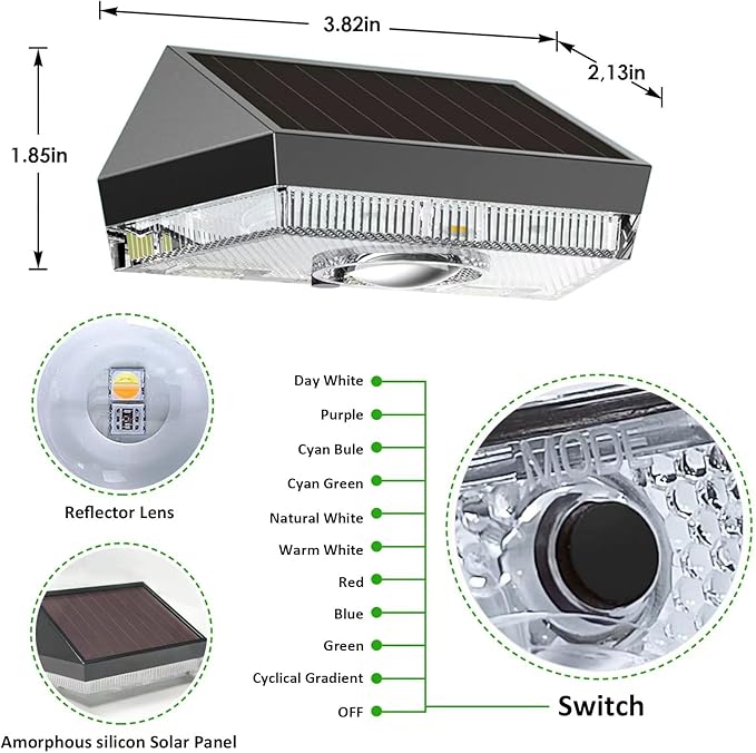 12PK Solar Fence Lights Outdoor - 3000/4000/6000K&RGB 6 Color, Dusk to Dawn Fence Lights Solar Powered, IP65 Waterproof Solar Light Outdoor for Backyard/Railing/Step/Patio/Wall