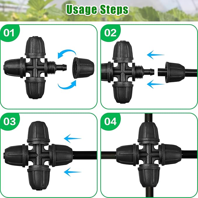 JAYEE Drip Irrigation Fittings 1/4 Inch, 25 Pcs Lock Barbed 4 Way Cross for ¼ in. tubing, Drip Line Connectors Couplings Irrigation Parts for Drip Sprinkler Garden Lawn Watering Systems, Black