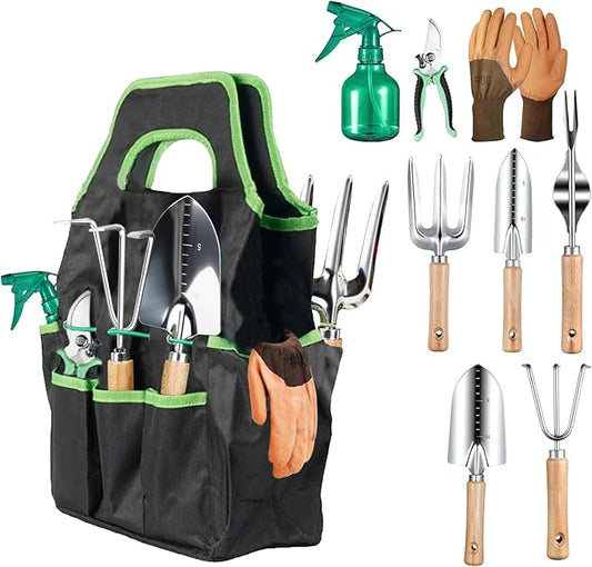 Garden Tools Set, 9PCS Heavy Duty Gardening Tools with Storage Garden Tote Bag, Rust-Proof Stainless Steel Garden Supplies Hand Tools with Wood Handles, Ideal Garden Gifts for Women Men