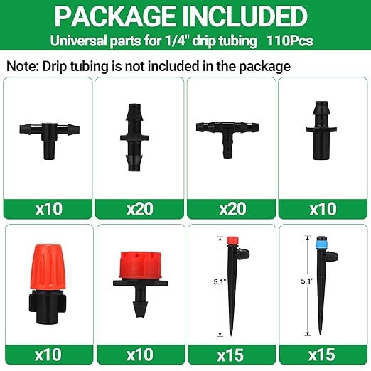 360 Degree Adjustable Drip Emitters, Mister Nozzles, Drippers, Sprayers, Barbed Connectors, Irrigation Components for 1/4" Tubing Garden Watering System, 110 PCS (Tubing Not Included)