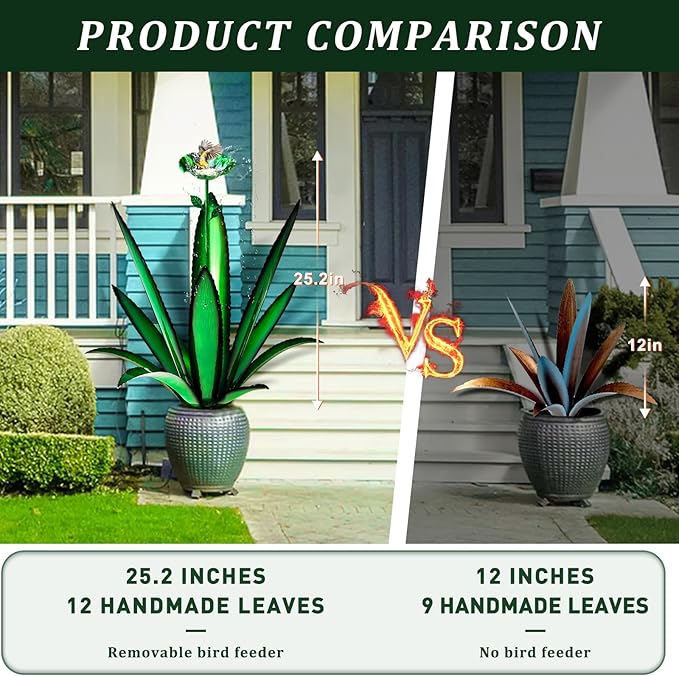 [2024 Upgraded] Large Metal Agave Yard Art, Tequila Rustic Sculpture, Hand Painted Metal Agave Plants with Bird Feeder, Garden Sculpture Statue Outdoor Decor (Green)