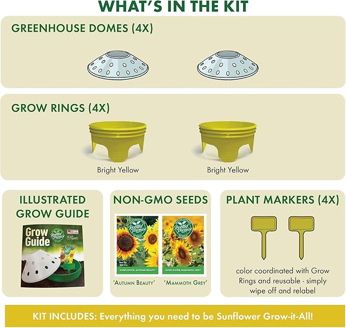 Kids Outdoor Sunflower Garden Kit - Complete Kit for Growing Your Own Sunflowers from Seeds with Grow Rings and Greenhouse Germination Domes, Non-GMO Seeds, BPA-Free