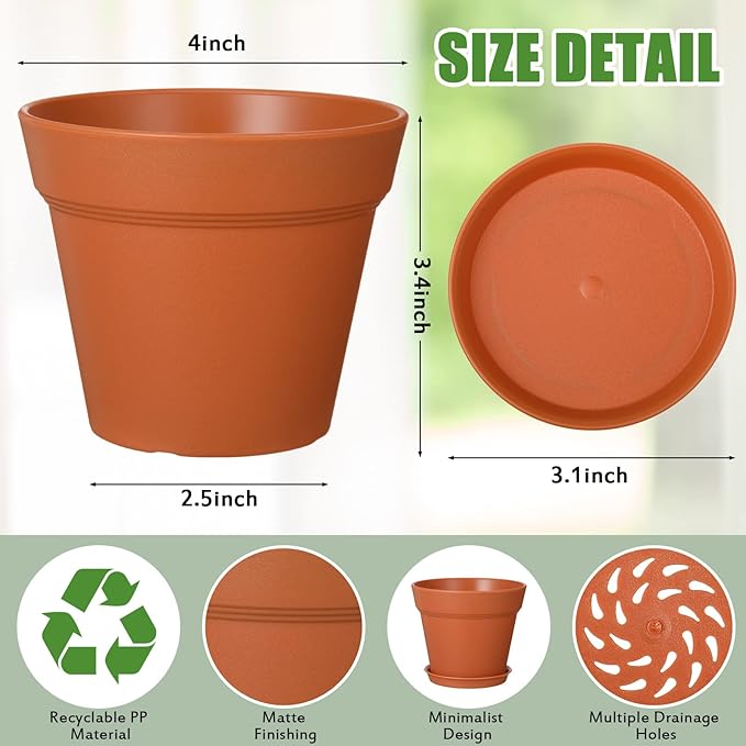 Mumufy 54 Pack 4 Inch Plant Pots Bulk Small Planter with Drainage Hole and Saucer Small Plastic Pots for Flowers Succulent Cactus and All House Indoor(Terracotta)
