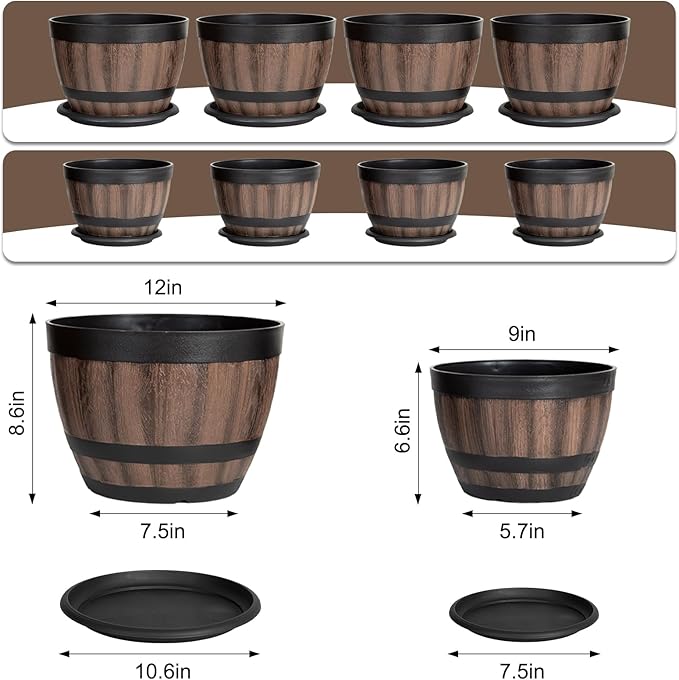 8 Pack Plant Pots with Drainage Holes, Include 4 Each of 12/9 inches Flower Pots with Saucers, Plastic Imitation Wine Barrel Design for Indoor Outdoor Garden Home Plants