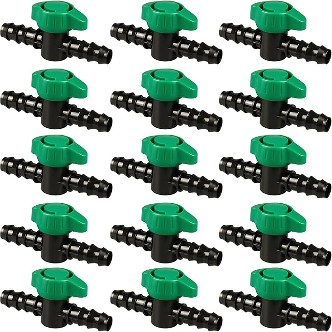 1/2 Inch Drip Irrigation Barbed Valve, 15 Pcs Barbed Switch Valves Drip Line Parts for 1/2" Drip Tubing (.570-.620" ID), 1/2 in. in-line Barbed Shut Off On Valve for Garden Irrigation System