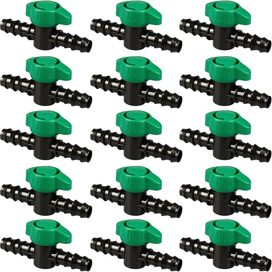 1/2 Inch Drip Irrigation Barbed Valve, 15 Pcs Barbed Switch Valves Drip Line Parts for 1/2" Drip Tubing (.570-.620" ID), 1/2 in. in-line Barbed Shut Off On Valve for Garden Irrigation System