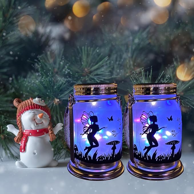 2 Pack Solar Fairy Lantern for Garden Decorations -Gifts for Mom Women Grandma Birthday Outdoor Ornaments Decorations Hanging Lamp Frosted Glass Jar with Stake for Yard Patio Lawn