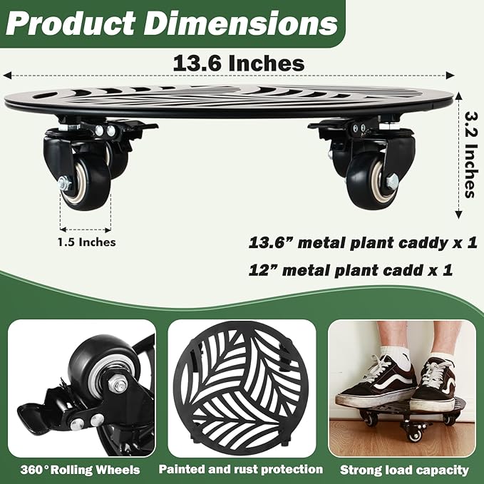 2 Packs Large Metal Plant Caddy with Wheels 13.6" and 12" Heavy-duty Wrought Iron Rolling Plant Stands with PU Metal Casters Indoor Outdoor Round Plant Pot Roller Base Planter Movers, Glossy Black