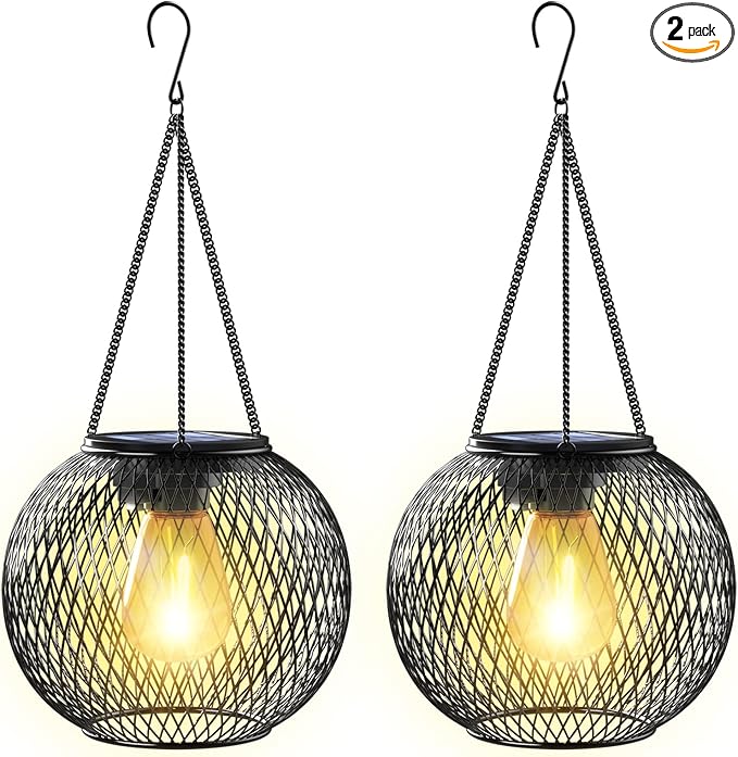 Solar Lantern Outdoor, Upgraded Hanging Lights Outdoor Garden Metal Lanterns Decorative Lighting Powered Waterproof Tree for Yard Patio Pathway, 2 Pack, Black