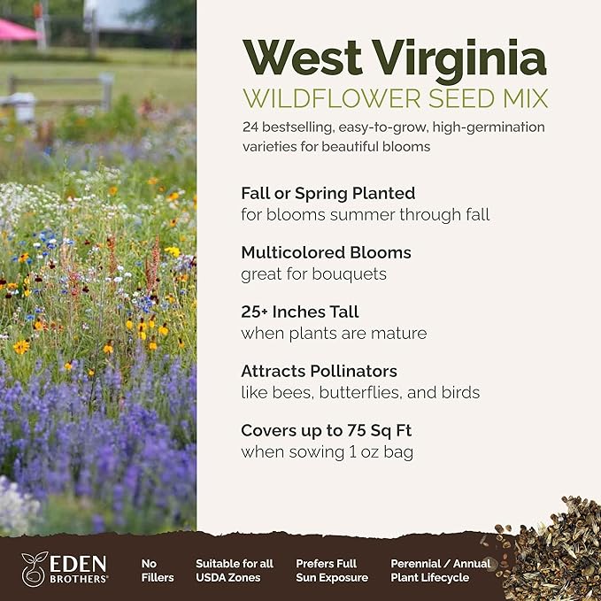 Eden Brothers West Virginia Wildflower Mixed Seeds for Planting, 1 oz, 30,000+ Seeds with Cornflower, Lupine | Attracts Pollinators, Plant in Spring or Fall, Zones
