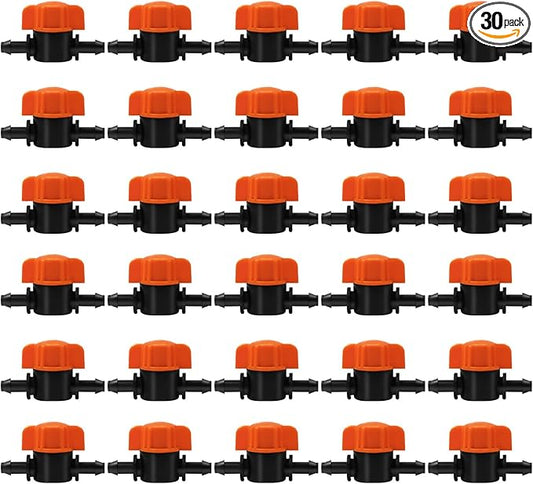 TTioDri 30 Pack 1/4" Drip Irrigation Valves, Drip Irrigation Shut Off Switch Valve for 1/4 Inch Drip Irrigation Tubing Water Flow Control Valve Drip Line Cut Off Valve for Garden Drip Systems