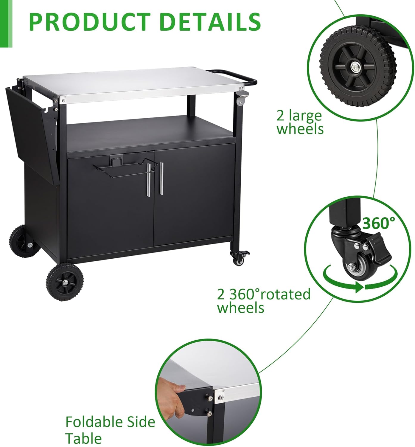Outdoor Grill Cart with Storage Movable Grill Cart Outdoor Kitchen Island Pizza Oven Table Food Prep Table with Wheels Storage Cabinet for Outside Patio Backyard Garden