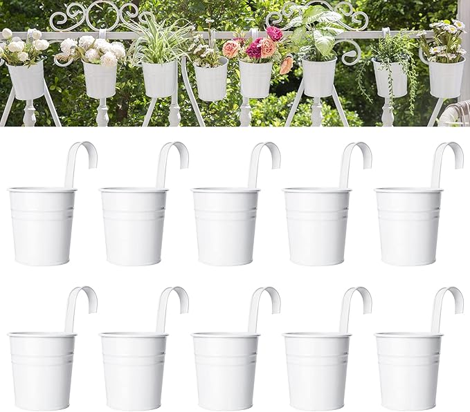 Dahey 10 Pcs Hanging Flower Pots Metal Iron Bucket Planter for Railing Fence Balcony Garden Home Decoration Flower Holders with Detachable Hooks, White, 4 Inches