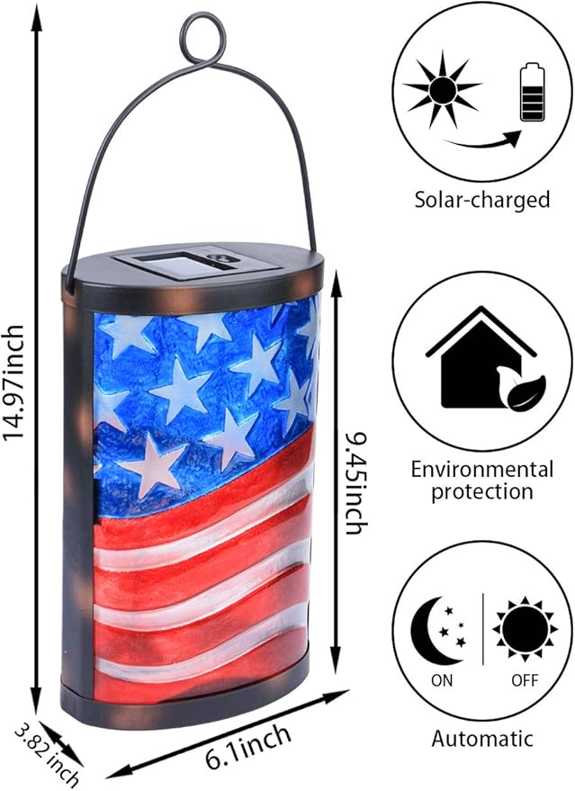 Hanging Solar Lantern Outdoor Decorative Waterproof LED Solar American Flag Lights Tabletop Lamp for Outdoor Patio Garden