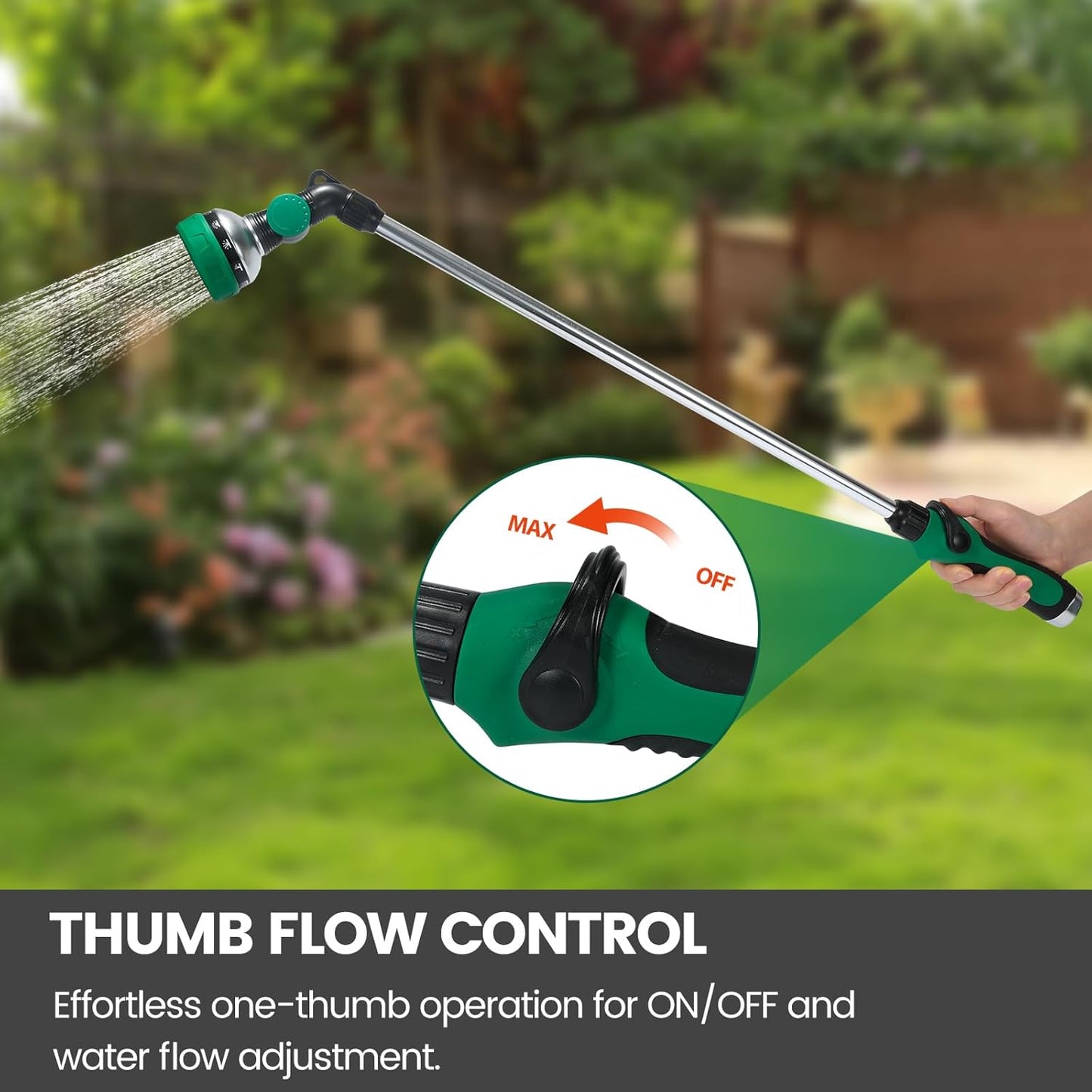 Watering Wand for Garden Hose, 30 Inch, 10 Spray Patterns, Thumb Control Garden Hose Nozzle, Adjustable Water Sprayer with Pivoting Head, Ideal for Hanging Baskets, Plants, and Shrubs, Green