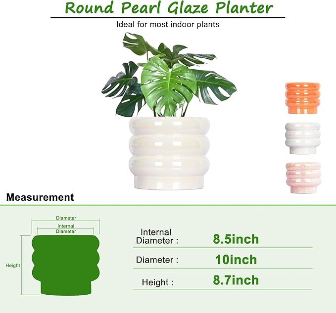 10 inch Ceramic Plant Pots for Indoor Plants, Rainbow Pearl Glaze Planter with Planters for Plants with Drainage Hole, Orchid Pots, Succulent Pot, Large Flower Pot (White)