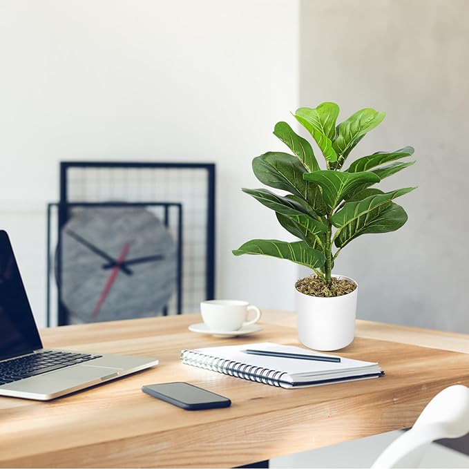 HUAESIN 18'' Artificial Fiddle Leaf Fig Tree Table Top Faux Ficus Lyrata Artificial Plants with 14 Leaves Potted Greenery Fake Plants for Home Office Living Room Balcony Indoor Modern Decoration