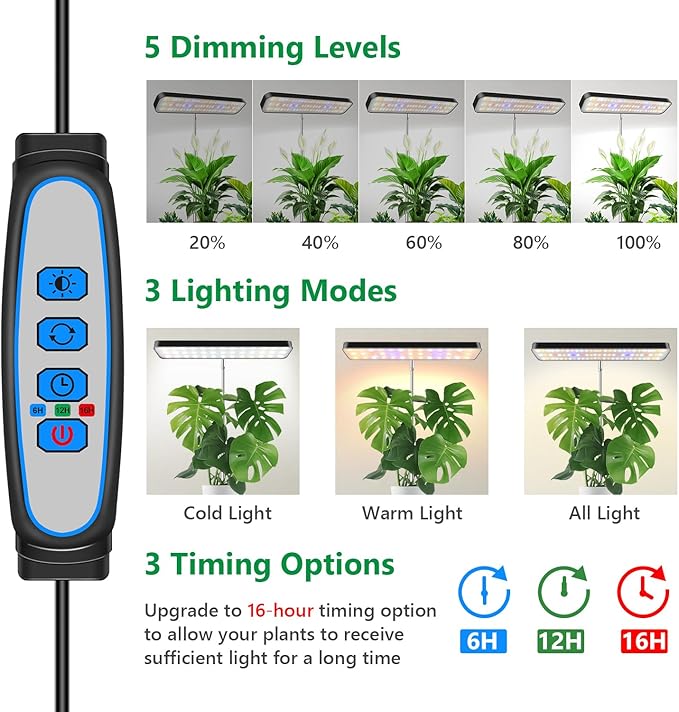 Grow Light, Full Spectrum Desktop Plant Lights for Indoor Growing 2 Pack Black, Large Area Lighting LED Grow Lights with Base, Height Adjustable 7.8 to 26 Inch Plant Lamp with 6/12/16H Timer