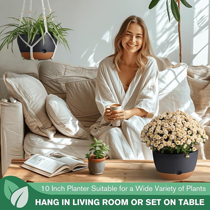 Set of 2-10 Inch Hanging Planters for Indoor Plants with Self-Watering Includes Hanging Pots for Plants, Outdoor Hanging Plant Pot with Drainage, and 2 Types of Hanging Baskets Hangers (Black, 10inch)