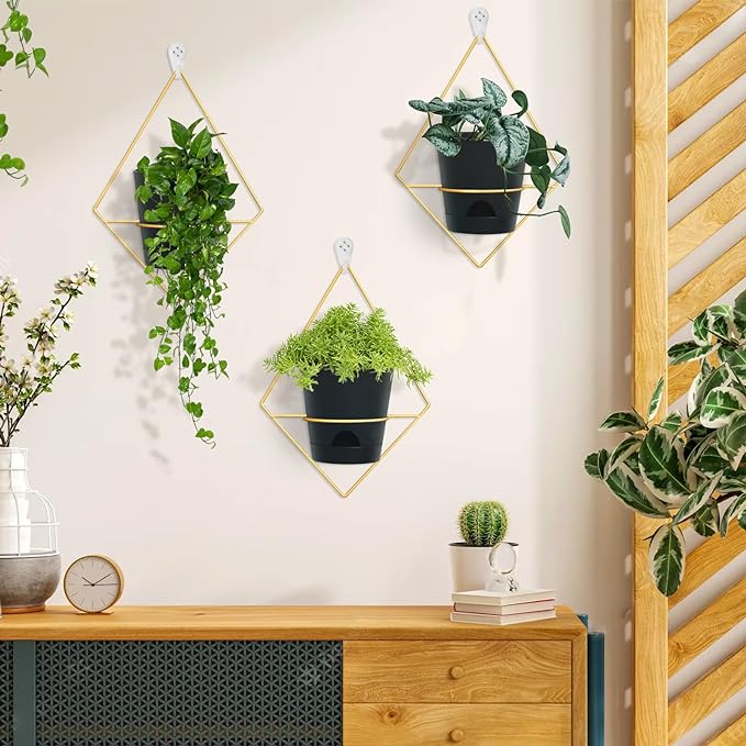3 Sets of Wall Planters for Indoor Plants, Hanging Wall Planter with Gold Metal Holder, Geometric Self Watering Wall Flower Pots, Wall Mounted Succulent Planter, 5" Black Plant Pot