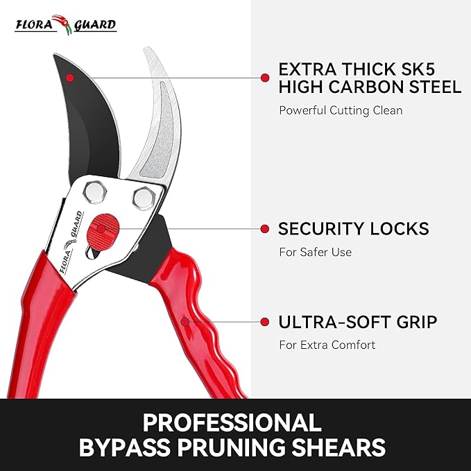 Flora Guard Garden Shears 8.5" Bypass Pruning Shears, Professional Ultra Sharp Sk5 Steel Garden Clippers, Heavy Duty Plant Cutting Scissors Garden Tools Supplies, Hedge Branch Trimmer, Super Durable