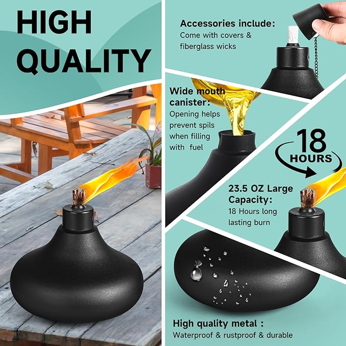 8 Pack Metal Table Top Torches,24.5 oz Citronella Torches for Outside,Refillable Flame Light Torch with Wicks and Covers, Landscape Lanterns Torches for Party, Garden Decor,DIY