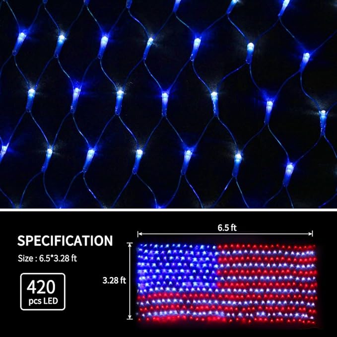 XTF2015 Solar American Flag Lights, 2 in 1 Solar Powered & Plug in American Flag Light, 420 LED Waterproof Patriotic Ornaments for Memorial Day, Independence Day, 4th of July, Party, Yard Decorations